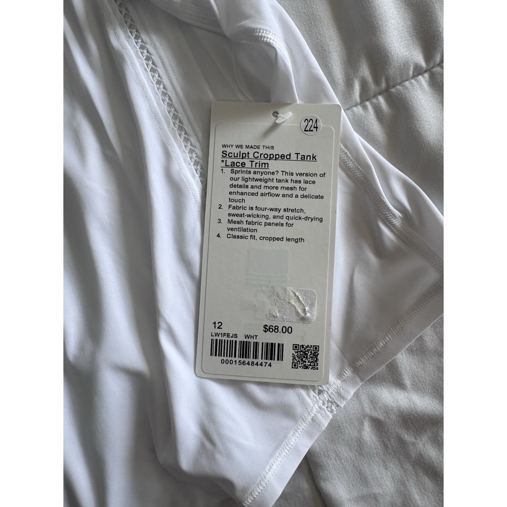 New Lululemon Sculpt Cropped Tank Top Lace Trim White Size 12 $68 Lightweight - Picture 5 of 9